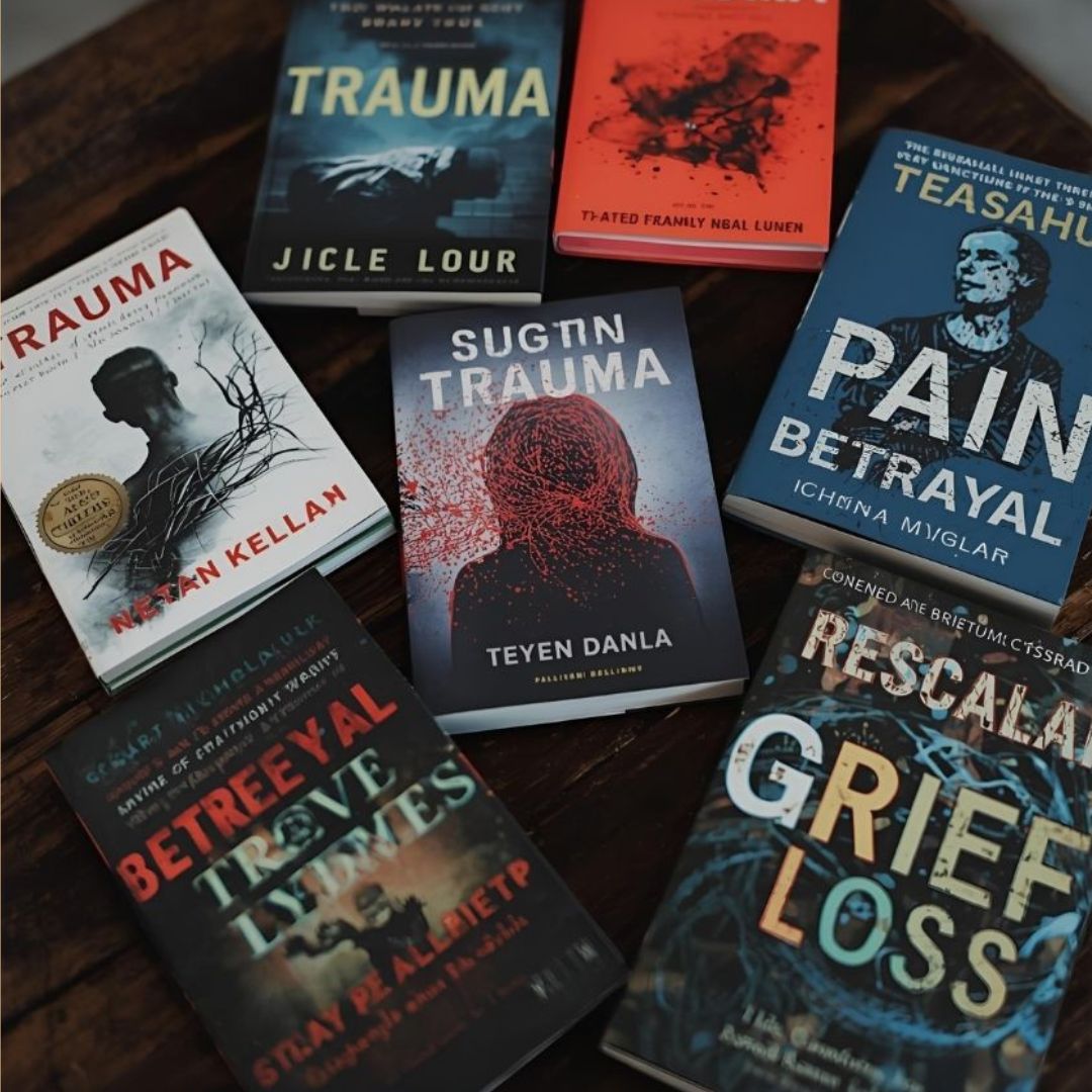 piles of books with titles of pain and trauma