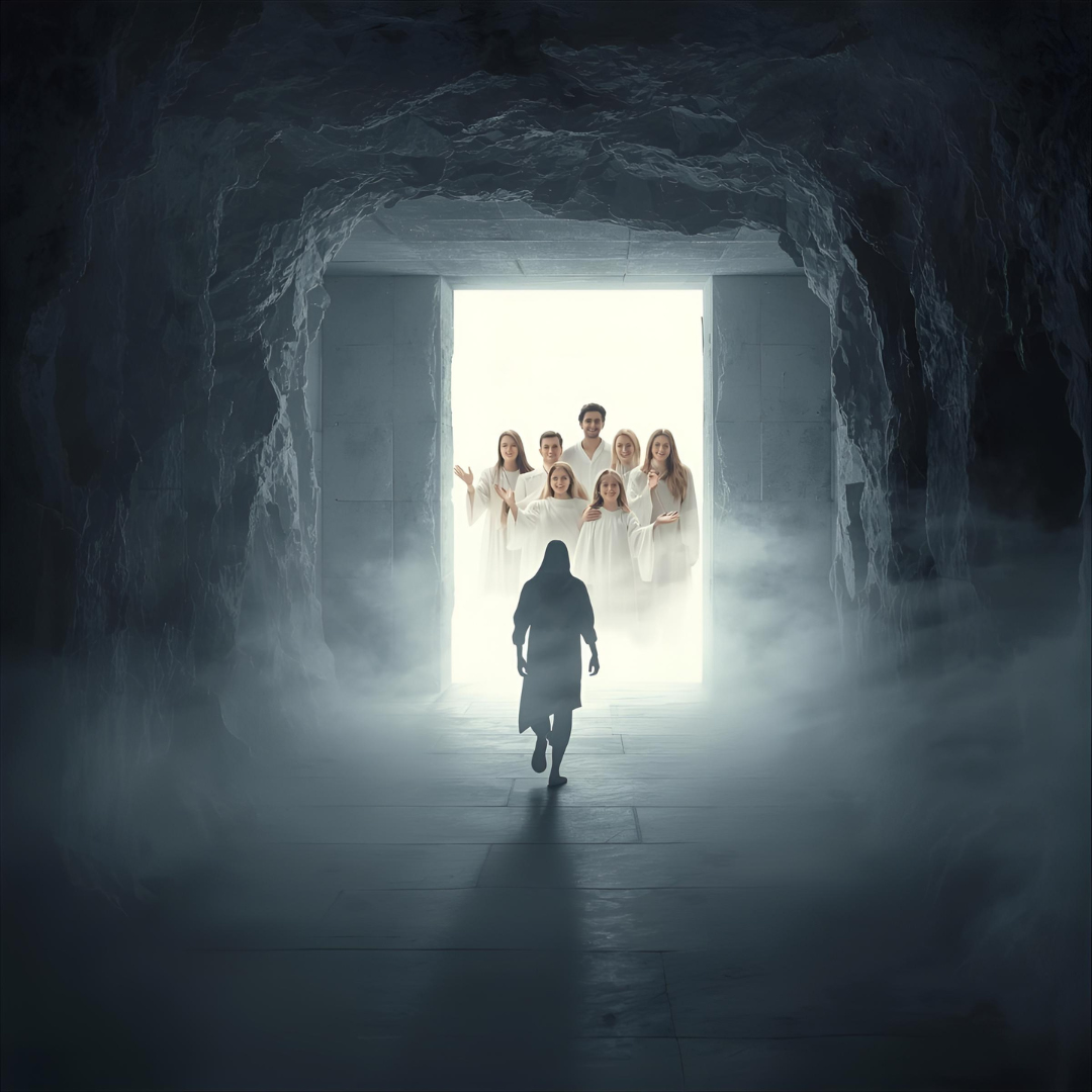 person walking toward white light greeted by smiling people