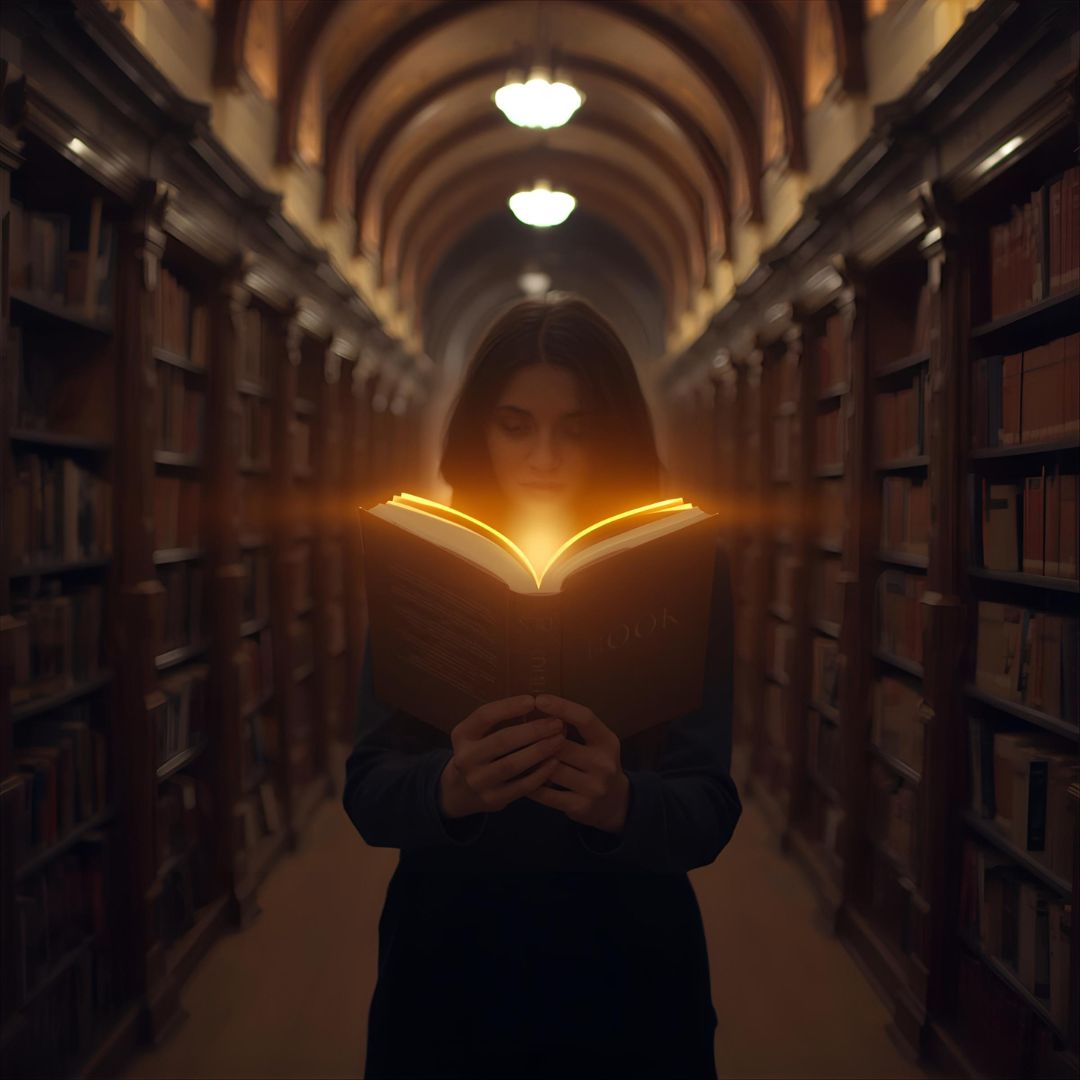 girl in library with book that glows