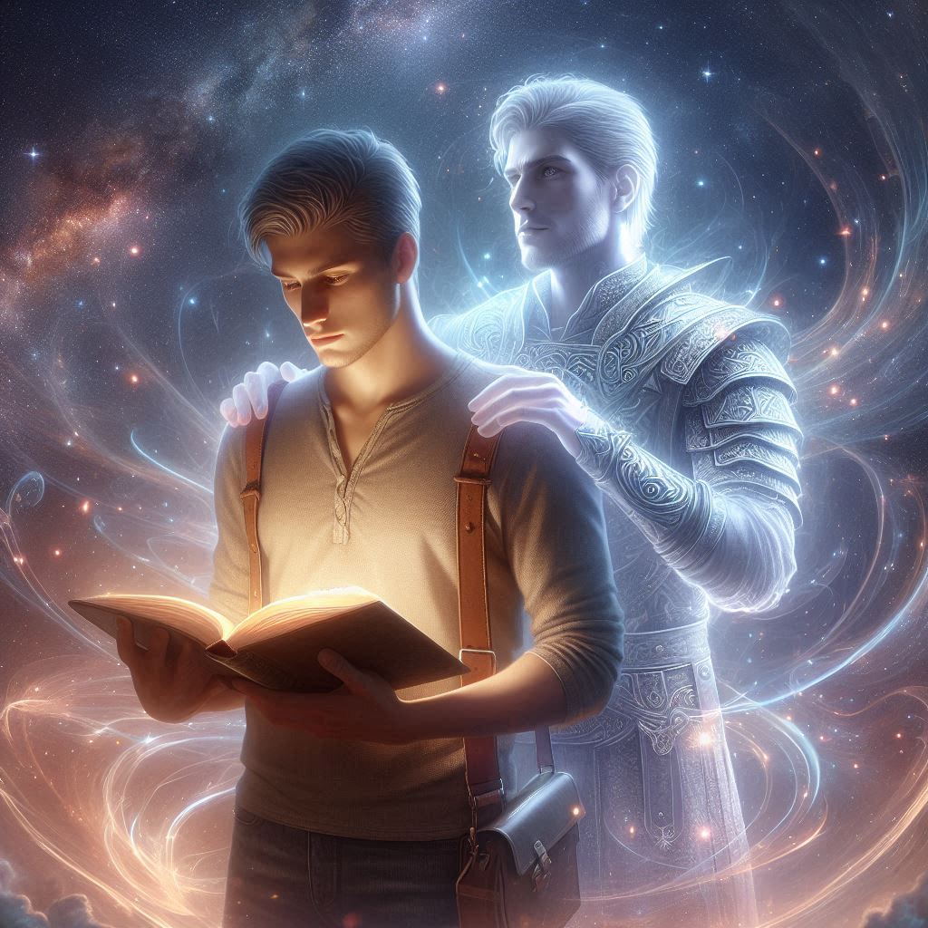 man stands with his past life self behind him while holding a book