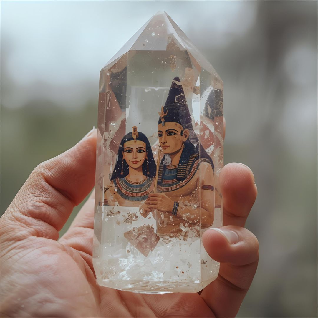 person holding clear crystals with pictures of people from ancient Egypt