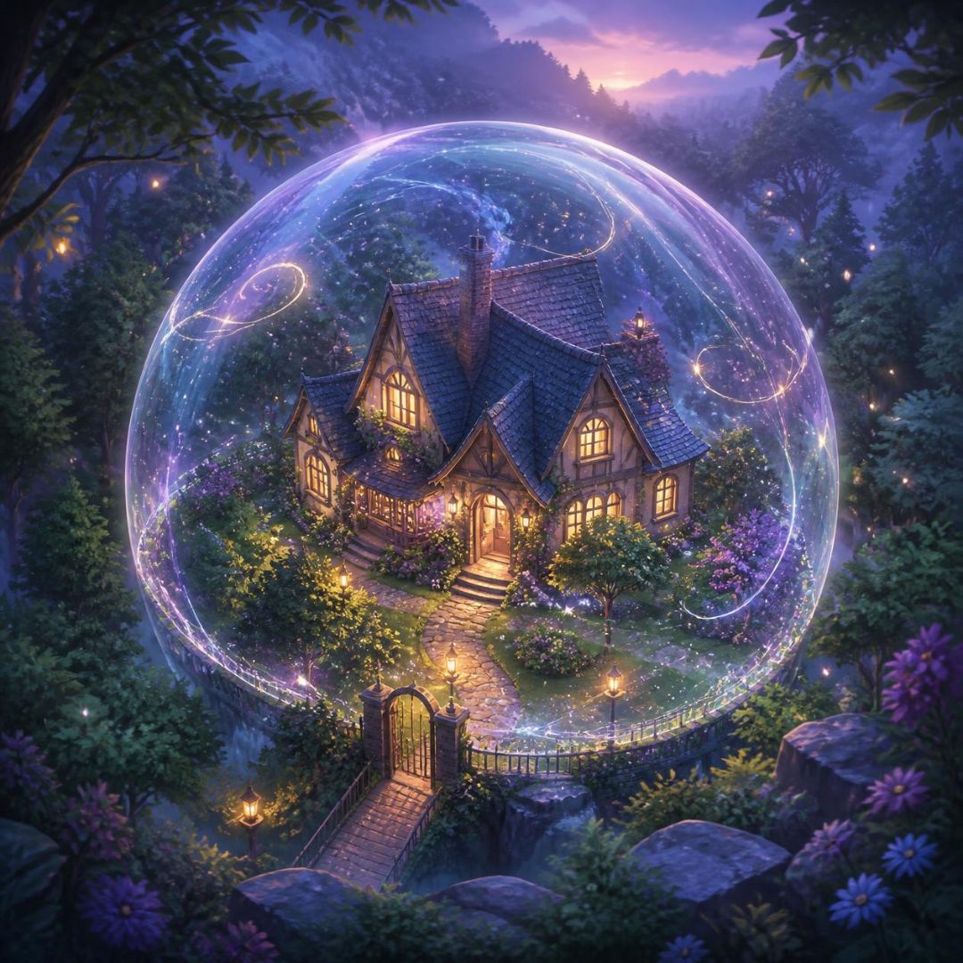 house in magical protective purple bubble