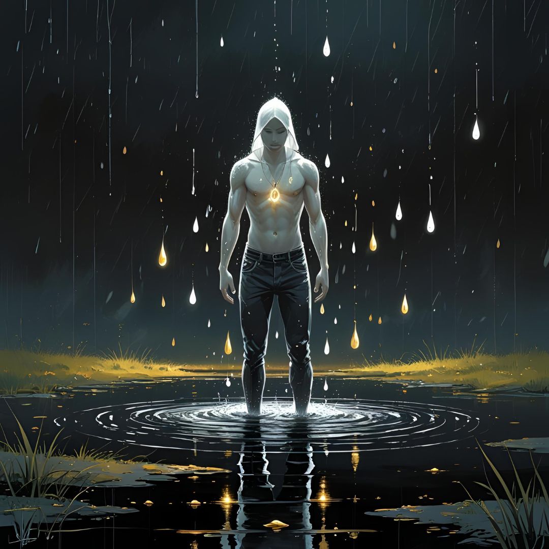 man standing in black water in the rain