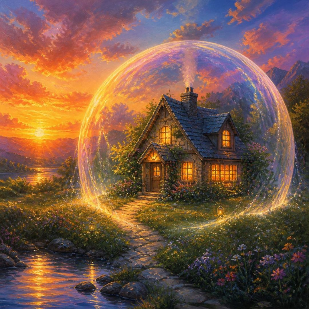 house in magical protective bubble at sunset